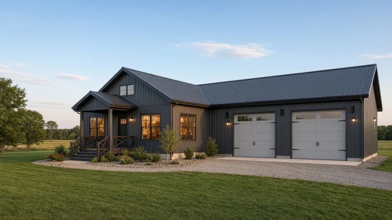 Finished barndominium with connected living and shop space.