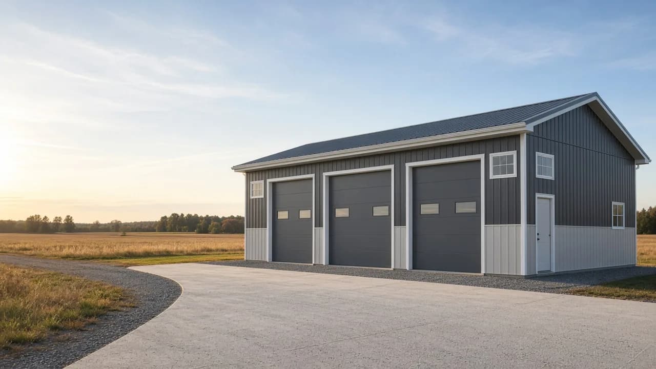 Finished multi-bay post-frame garage and workshop.