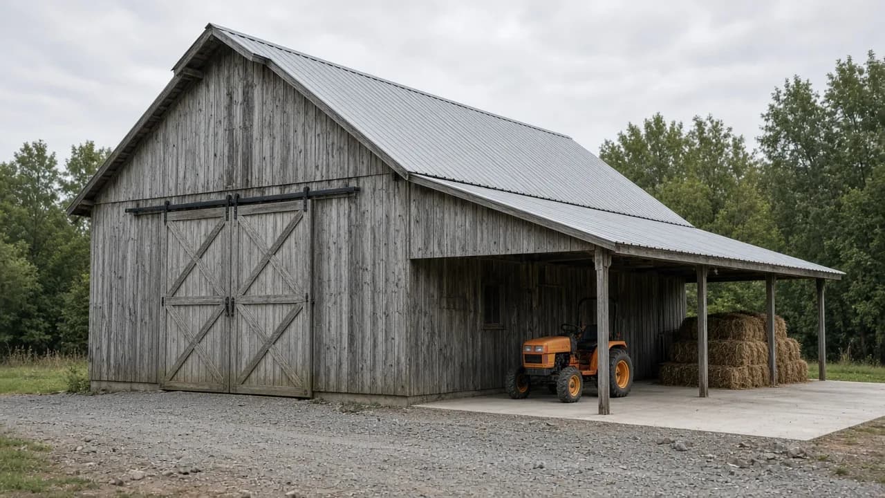 Completed lean-to addition tied into an existing barn.