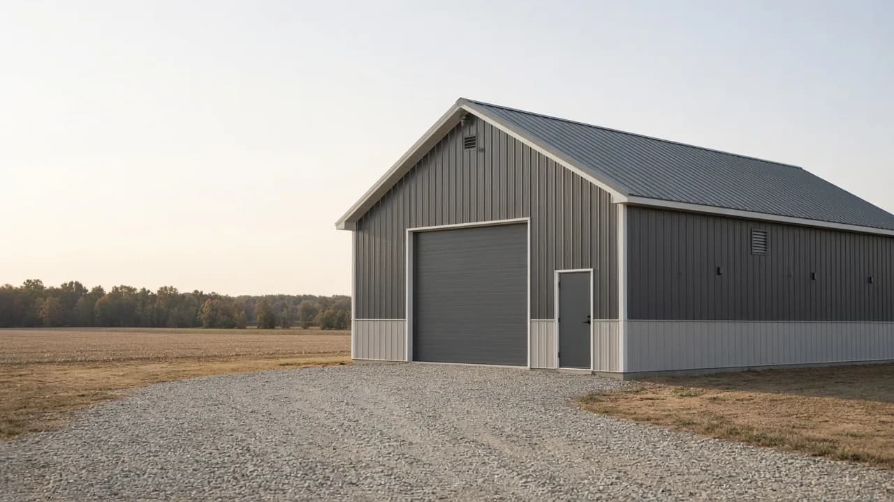 Completed post-frame pole barn on rural acreage.