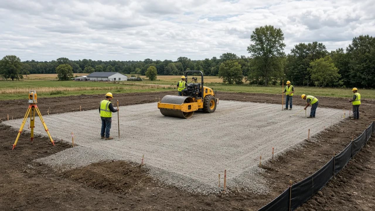 Building-pad preparation and drainage work.