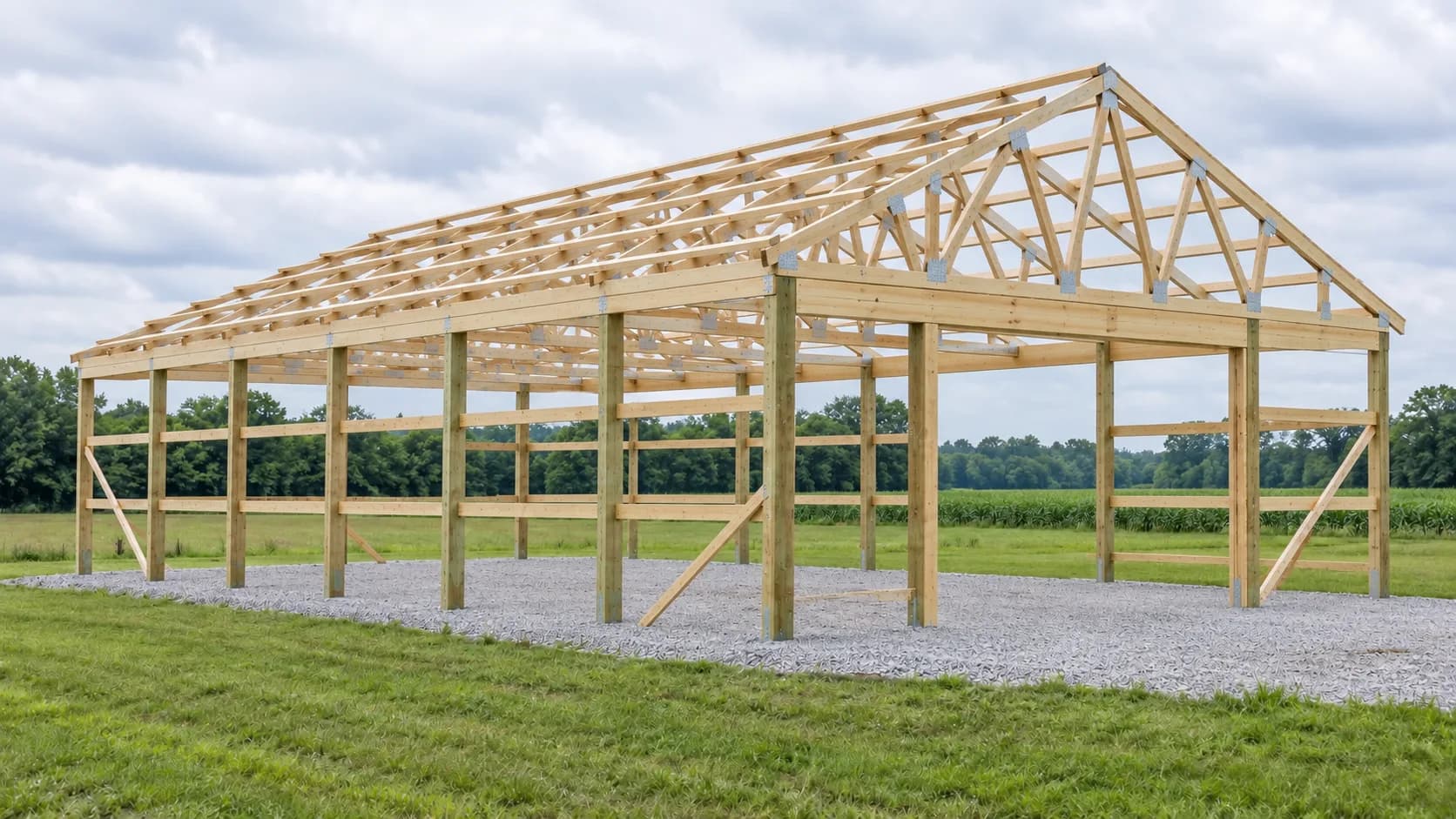 Pole-barn frame with roof trusses, horizontal wall framing, and temporary braces during construction.